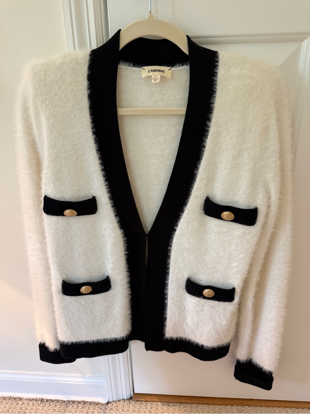 L'AGENCE Ivory Cardigan with Black Trim and Gold Buttons - Fuzzy Knit